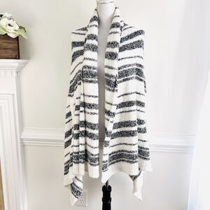 Cozy Striped Open Front Shawl Wrap - White & Black